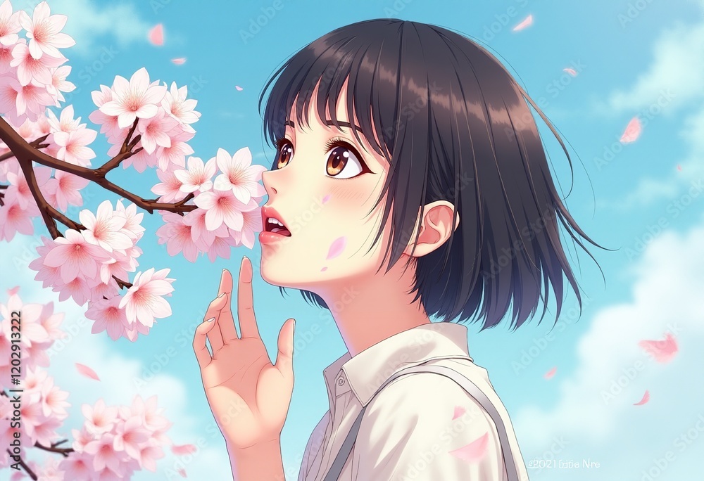 Fototapeta premium 雑誌の表紙 短い髪 アジアの女の子 白とピンクの桜 青空 柔らかな雲 新鮮で穏やかな エディトリアル ファッションスタイル 