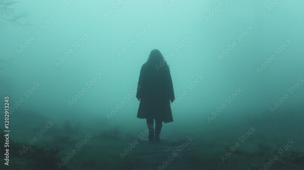 A woman is walking in a foggy forest A woman is walking in a foggy forest