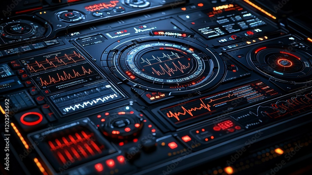 Obraz premium Dynamic infographic of health monitoring systems featuring connected devices, medical charts, and real-time tracking of patient information with data graphs