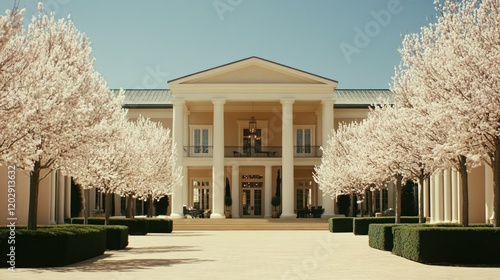 Luxurious, grand estate with a classic facade,  lined by blooming cherry trees.  Spacious courtyard leads to the entrance of a light beige, columned mansion.  Spring blossoms adorn the manicured groun photo