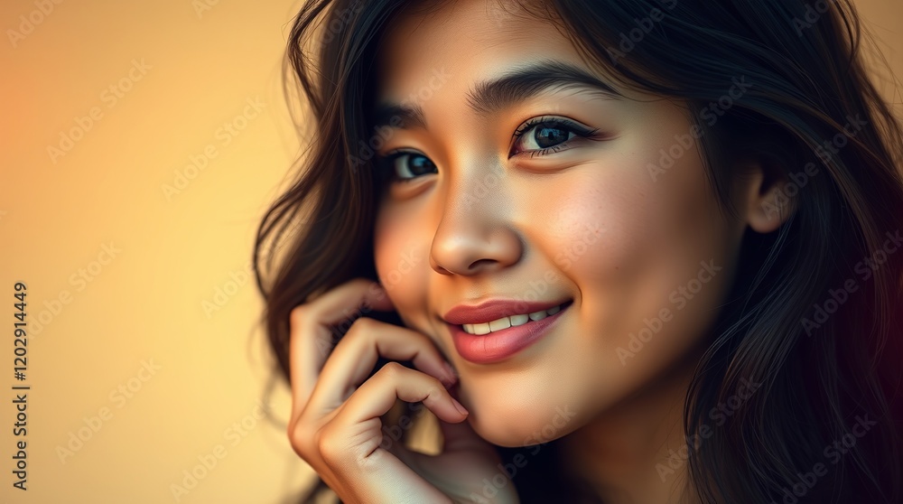 A young Asian woman smiles softly, her natural beauty illuminated by warm lighting, creating an inviting and cheerful atmosphere. A young Asian woman smiles softly, her natural beauty illuminated by warm lighting, creating an inviting and cheerful atmosphere.