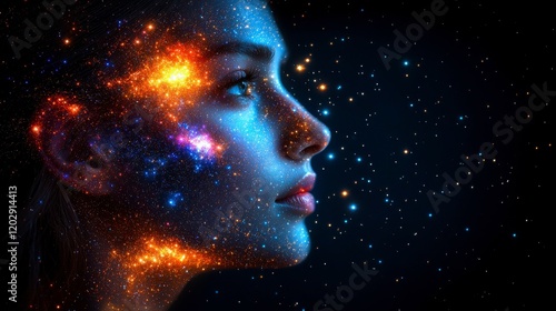 A portrait of a young woman merged with a starry night sky in a double exposure style, evoking themes of dreams and endless possibilities.