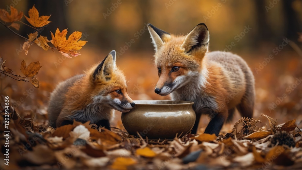 Fototapeta premium Two foxes curiously inspecting a bowl amidst autumn leaves.