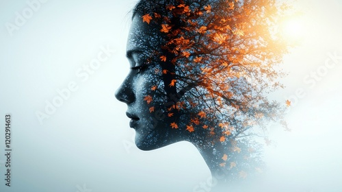 A portrait of a young woman paired with falling autumn leaves in a double exposure style, symbolizing change, growth, and the passage of time.