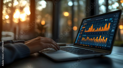 Analyzing financial data on a laptop at sunset