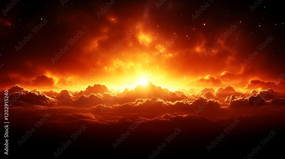 Fototapeta premium Fiery Sunset Over a Sea of Clouds in Space