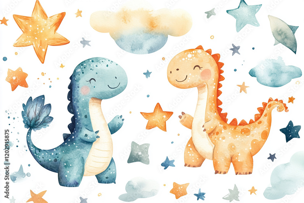 Fototapeta premium The image features two cute, cartoon-style dinosaurs surrounded by stars, clouds, and other whimsical elements, all drawn in a watercolor style