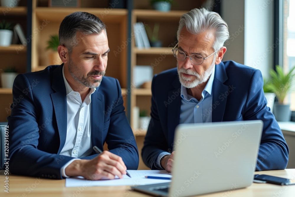 Two Business Professionals Collaborating Over a Laptop in a Modern Office Environment, Engaging in Focused Strategy Discussion Two Business Professionals Collaborating Over a Laptop in a Modern Office Environment, Engaging in Focused Strategy Discussion