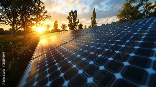 Solar energy installation outdoor field photography sunset close-up photo