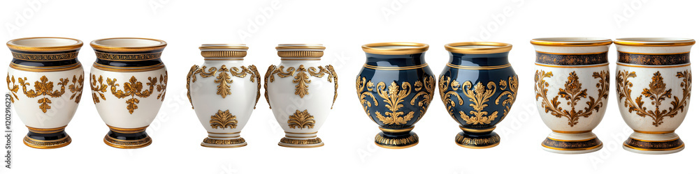 A collection of elegant antique style ceramic vases featuring ornate floral patterns in traditional baroque style These decorative porcelain vessels are perfect for luxury home decor A collection of elegant antique style ceramic vases featuring ornate floral patterns in traditional baroque style These decorative porcelain vessels are perfect for luxury home decor