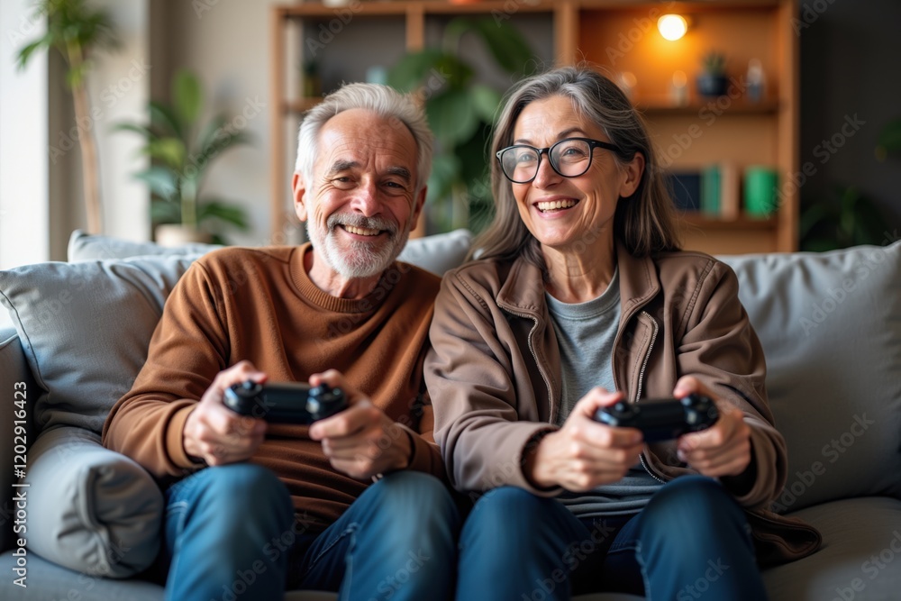 Joyful Senior Couple Enjoying Video Game Session Together in Cozy Living Room, Highlighting Bonding and Modern Entertainment Lifestyle Joyful Senior Couple Enjoying Video Game Session Together in Cozy Living Room, Highlighting Bonding and Modern Entertainment Lifestyle
