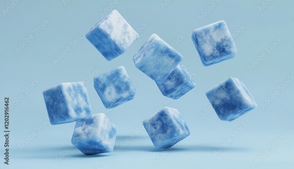Abstract Blue Ice Cubes Falling on a Light Blue Background Abstract Blue Ice Cubes Falling on a Light Blue Background