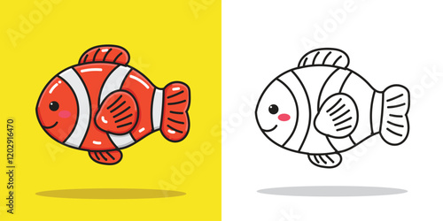 A cute clownfish doll cartoon illustration for sticker, design element, or coloring book element