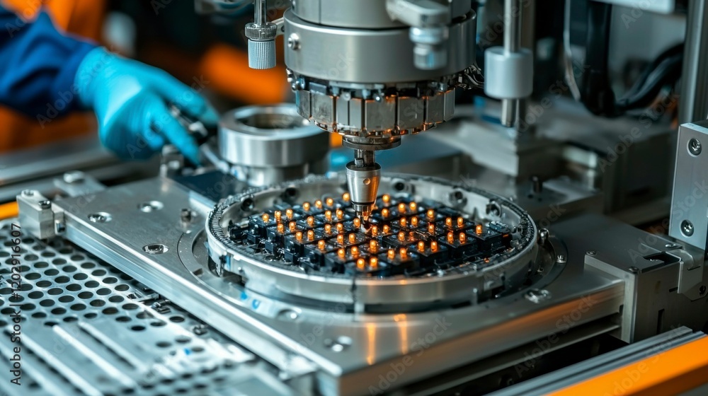 A close-up of automated machines assembling lithium-ion battery cells on a production line, with workers performing final checks and quality assurance. A close-up of automated machines assembling lithium-ion battery cells on a production line, with workers performing final checks and quality assurance.