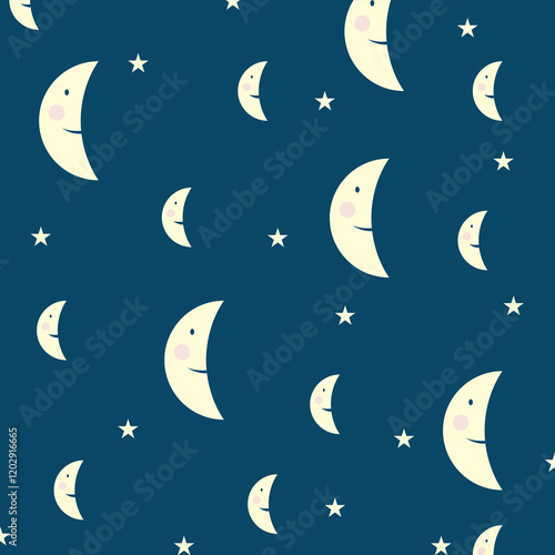 Cute vector graphic background of sky, moon and stars.