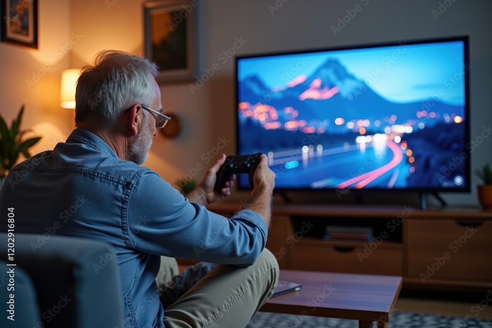 Elderly Man Enjoys Scenic Mountain View on TV while Holding a Camera in Cozy Living Room Environment with Warm Lighting and Relaxed Atmosphere Elderly Man Enjoys Scenic Mountain View on TV while Holding a Camera in Cozy Living Room Environment with Warm Lighting and Relaxed Atmosphere