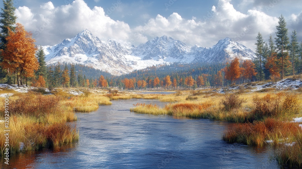 Autumn River, Snowy Mountains, Scenic Wallpaper Autumn River, Snowy Mountains, Scenic Wallpaper