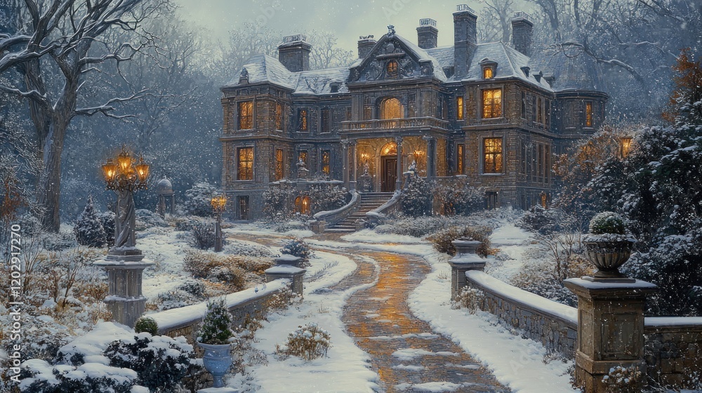 Snow-covered mansion driveway, winter evening. Holiday card or real estate use Snow-covered mansion driveway, winter evening. Holiday card or real estate use