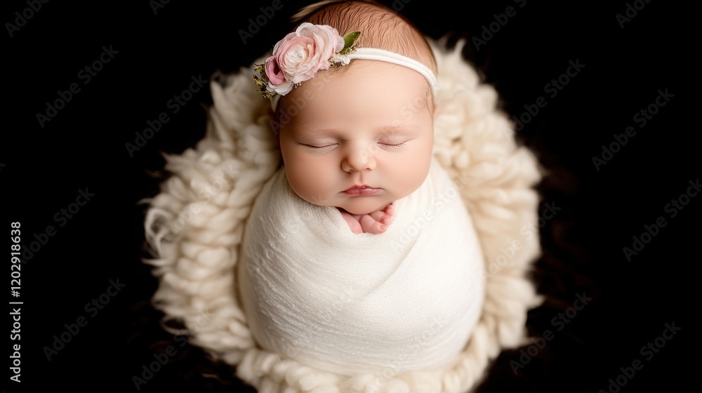 Fototapeta premium Adorable Sleeping Newborn Baby Girl Wrapped in White Blanket Surrounded by Soft Textured Fur with Beautiful Floral Headband on Dark Background