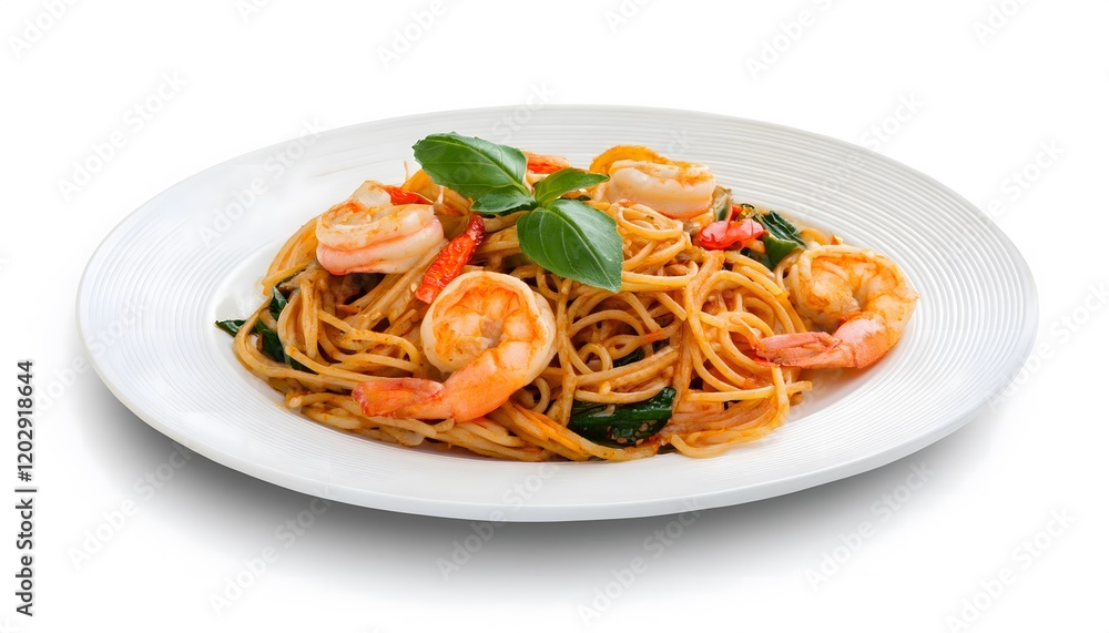 Delicious shrimp spaghetti on white plate Delicious shrimp spaghetti on white plate