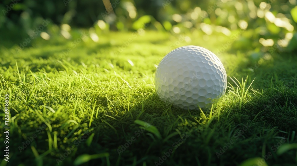 Fototapeta premium Golf ball resting on mossy green grass, sunlit forest background, sport imagery