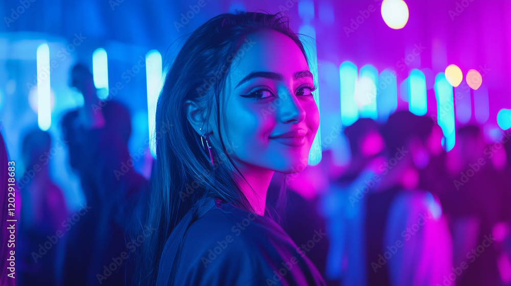 smiling woman enjoying vibrant nightlife scene, Purple Glow Neon Lighting, Youth Living Life Partying, EDM Rave, Enjoying Live Music, Concerts, Rave Scene, Techno, Having a Good Time smiling woman enjoying vibrant nightlife scene, Purple Glow Neon Lighting, Youth Living Life Partying, EDM Rave, Enjoying Live Music, Concerts, Rave Scene, Techno, Having a Good Time
