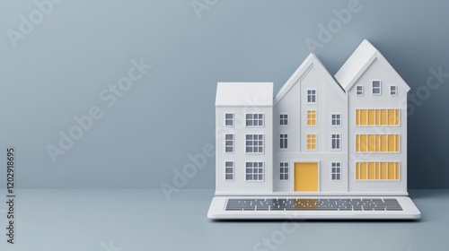 Unique Concept of Digital Real Estate Marketing Featuring House Model Merged with Laptop Representing Modern Technology and Innovative Housing Solutions photo