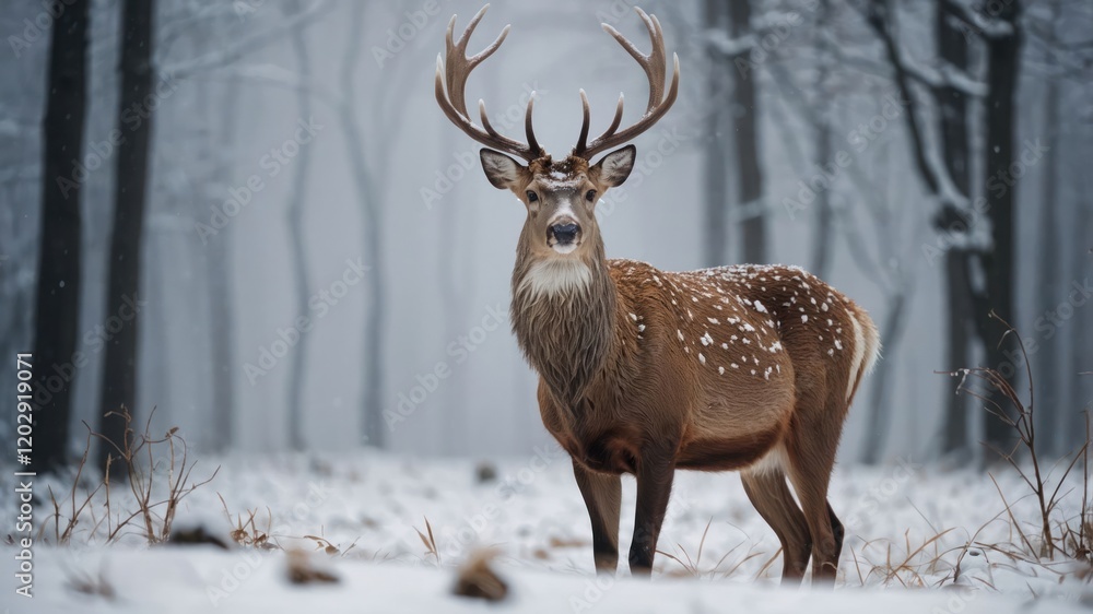 A majestic deer stands in a snowy forest, surrounded by trees and a serene atmosphere. A majestic deer stands in a snowy forest, surrounded by trees and a serene atmosphere.