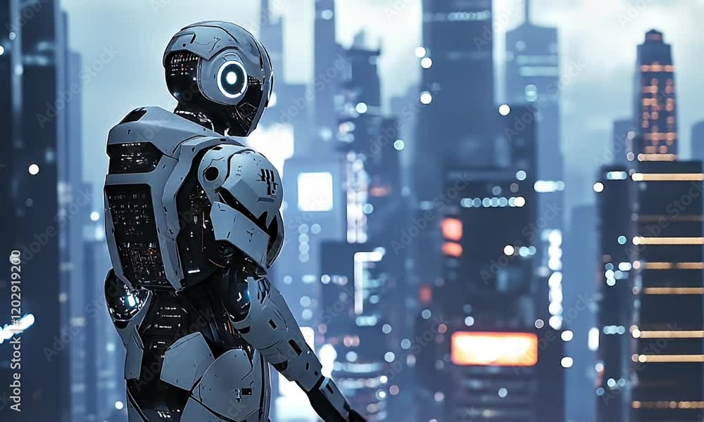 A futuristic robot gazes at a neon-lit cityscape, embodying technology and innovation. A futuristic robot gazes at a neon-lit cityscape, embodying technology and innovation.