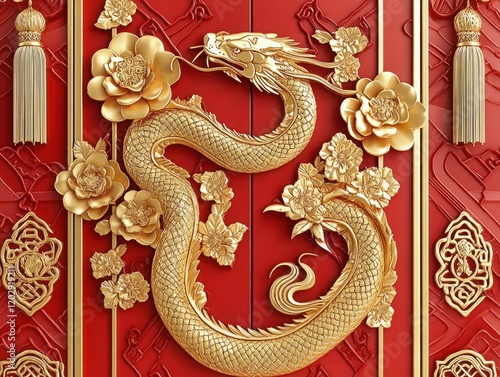 Ornate Gold Dragon and Floral Design in Red Background, Symbolizing Power and Prosperity in Asian Culture, Ideal for Celebratory Events and Decor photo