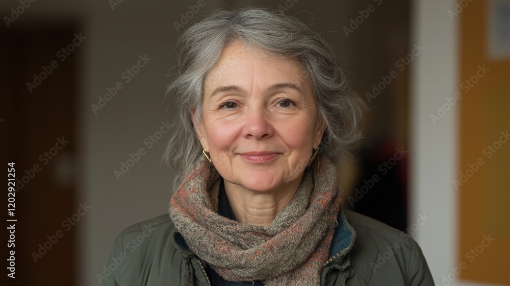 A woman with gray hair is smiling and wearing a scarf A woman with gray hair is smiling and wearing a scarf
