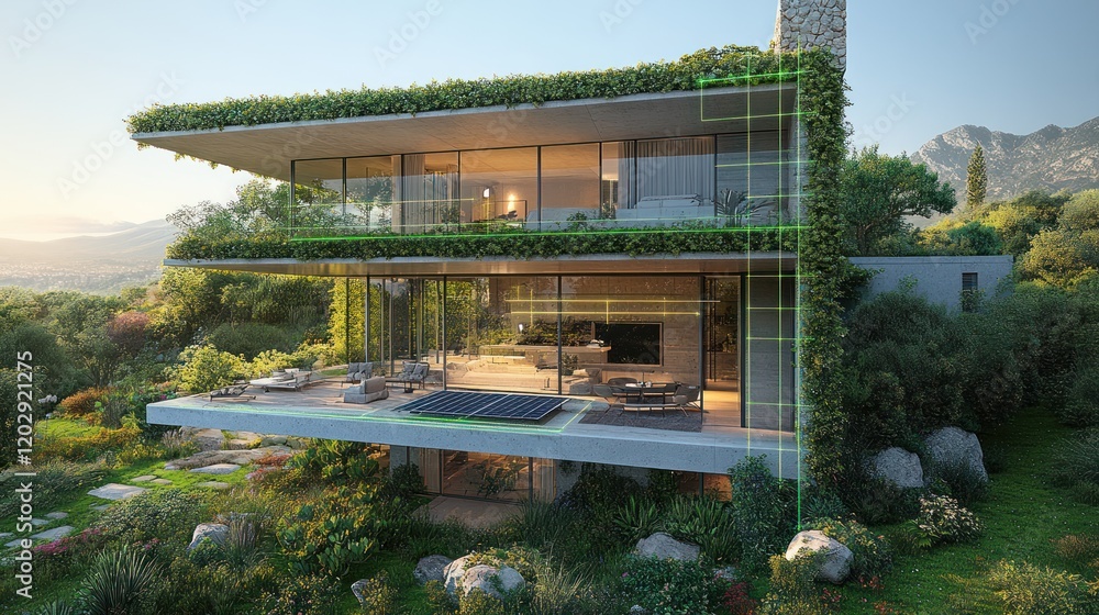 Fototapeta premium Modern green eco-house hillside view sunset