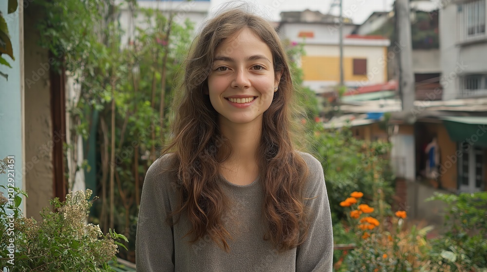 A woman with long brown hair is smiling and posing for a picture A woman with long brown hair is smiling and posing for a picture