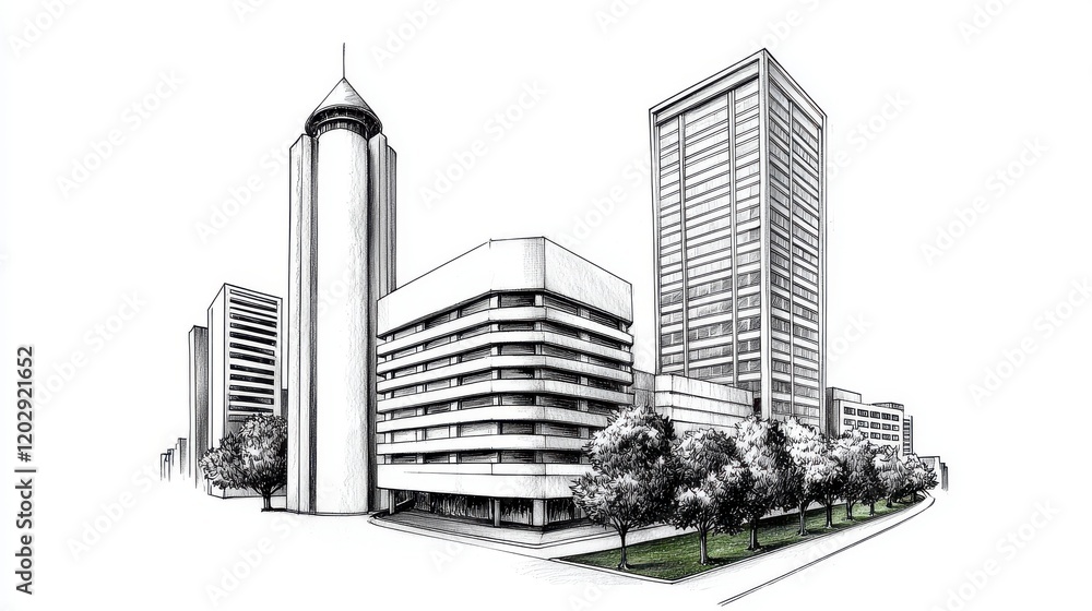 Naklejka premium Modern Urban Skyscrapers and Architectural Design in City Landscape