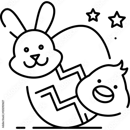 cute bunny and chicks Outline style Easter or Pascal illustration 