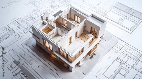 Architectural Model of a House on Blueprint