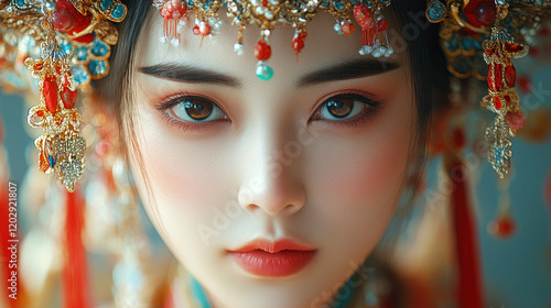 close up of beautiful girl face of traditional Chinese opera actress with soft and fresh background photo