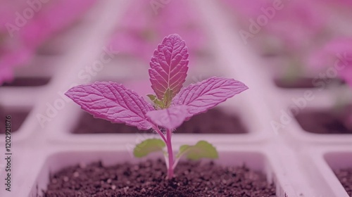 Vibrant Purple Seedling Growing in Soil Under Soft Lighting, Showcasing the Beauty of Nature and New Growth in a Modern Agricultural Environment photo