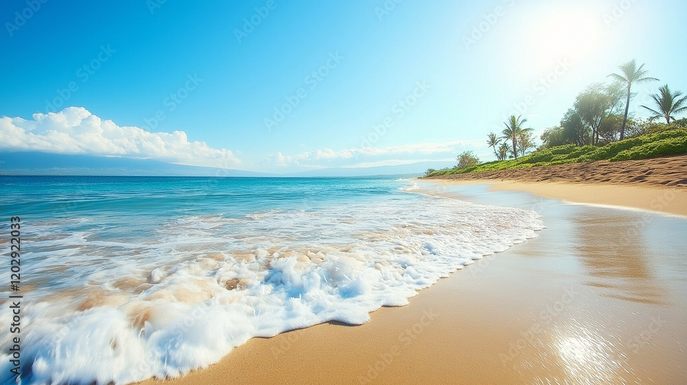 Fototapeta premium Tropical Sandy Beach with Soft Blue Ocean Waves and Clear Water