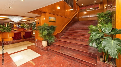 Luxurious hotel lobby with grand staircase, interior design, and plants. photo