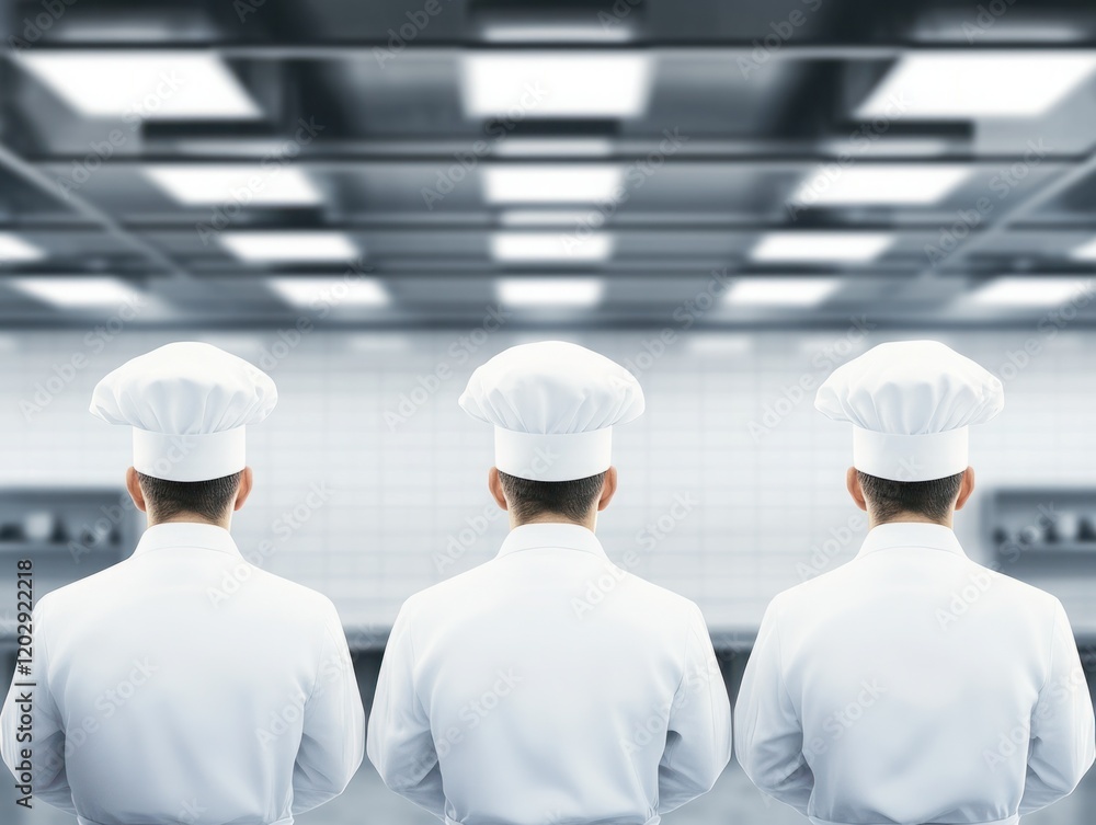 Professional chefs in white uniforms standing back to back in a modern kitchen, showcasing teamwork and culinary expertise in a minimalist setting with bright lighting Professional chefs in white uniforms standing back to back in a modern kitchen, showcasing teamwork and culinary expertise in a minimalist setting with bright lighting