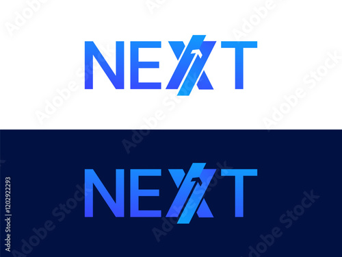 Creative Letter "NEXT" with overlapping Growth Arrow in letter X logo vector design concept. Graphic alphabet Letter "NEXT" symbol for future technology, corporate identity, business, investment, web.