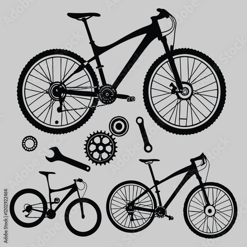 bicycle and bicycle parts silhouette vector design art and illustration