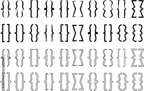 Set of curly double braces. Symmetric brackets pair, punctuation symbol for mathematics. Frames for math flat, outline styles. Retro parenthesis sign for text quote Isolated on transparent background.