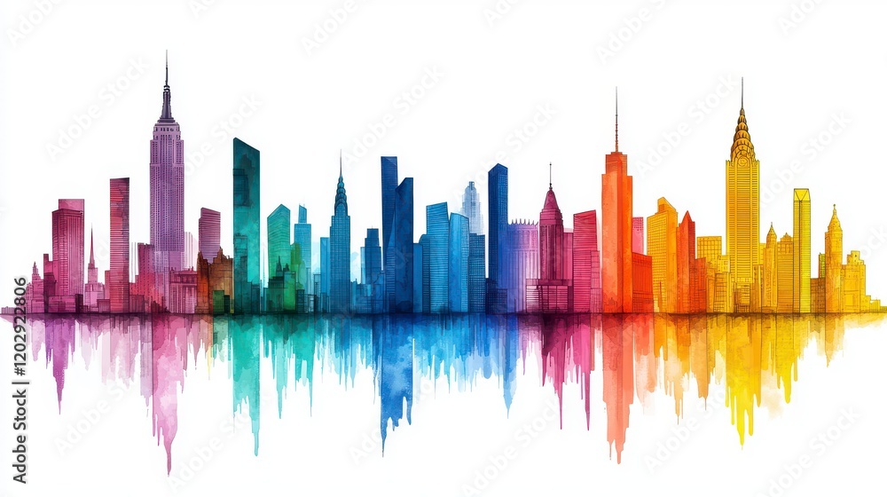 Naklejka premium Vibrant Watercolor City Skyline with Reflection on White Background