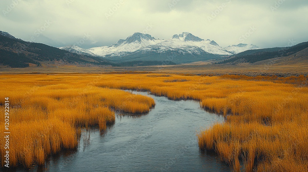 Autumn River Valley, Snowy Peaks Background Autumn River Valley, Snowy Peaks Background
