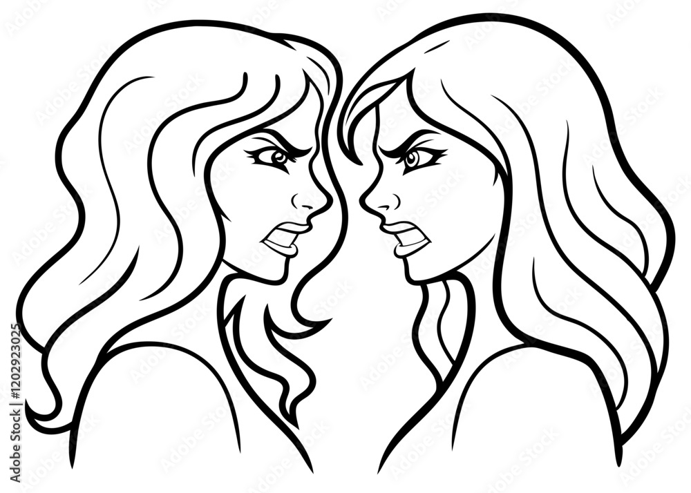 two women are arguing, angry, and confronting each other, line art illustration isolated white two women are arguing, angry, and confronting each other, line art illustration isolated white