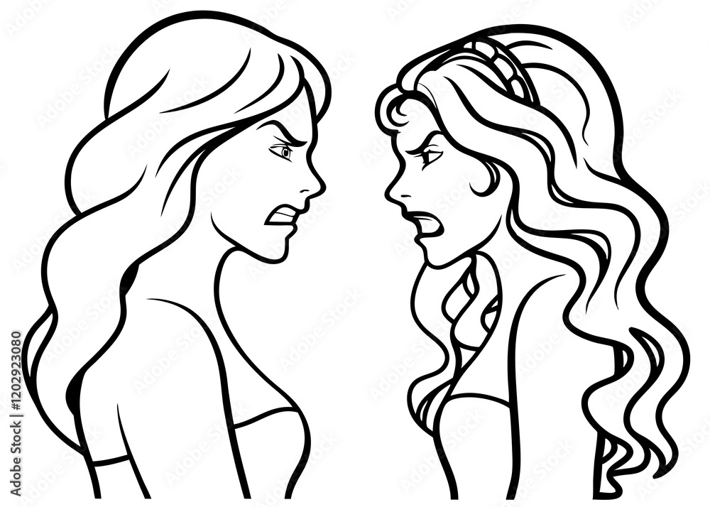 two women are arguing, angry, and confronting each other, line art illustration isolated white two women are arguing, angry, and confronting each other, line art illustration isolated white