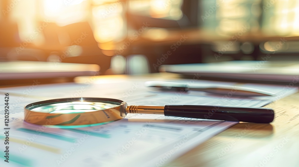 Close-up of a magnifying glass over a printed document with a blurred text background, symbolizing fact-checking and research Close-up of a magnifying glass over a printed document with a blurred text background, symbolizing fact-checking and research