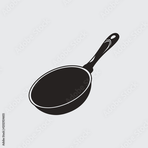 Cast iron frying pan skillet vector silhouette icon. Kitchen cookware illustration in bold minimal style. Editable culinary graphic for menus branding packaging and cooking design projects.